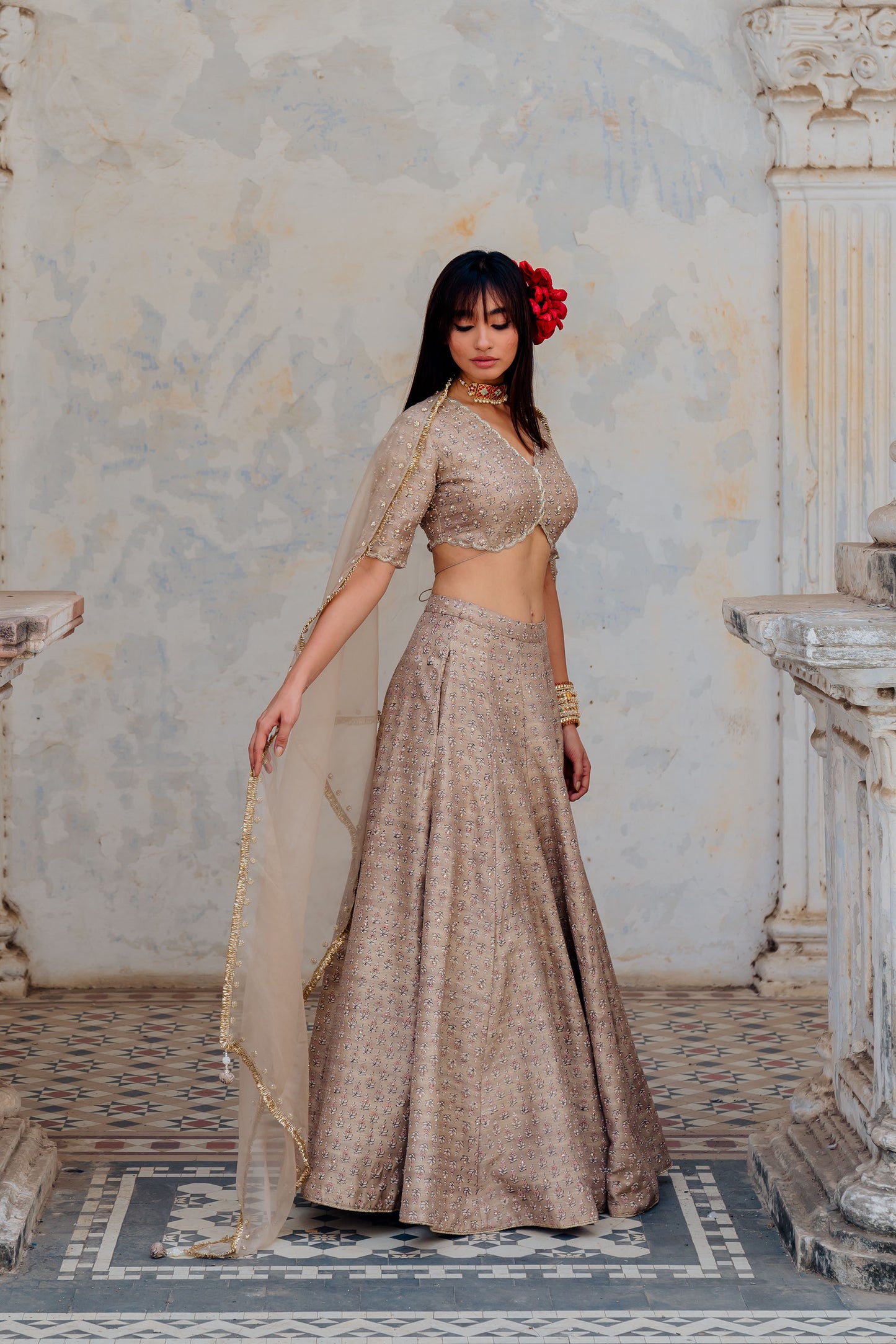 Warm Grey Printed And Embroidered Silk Lehenga Set