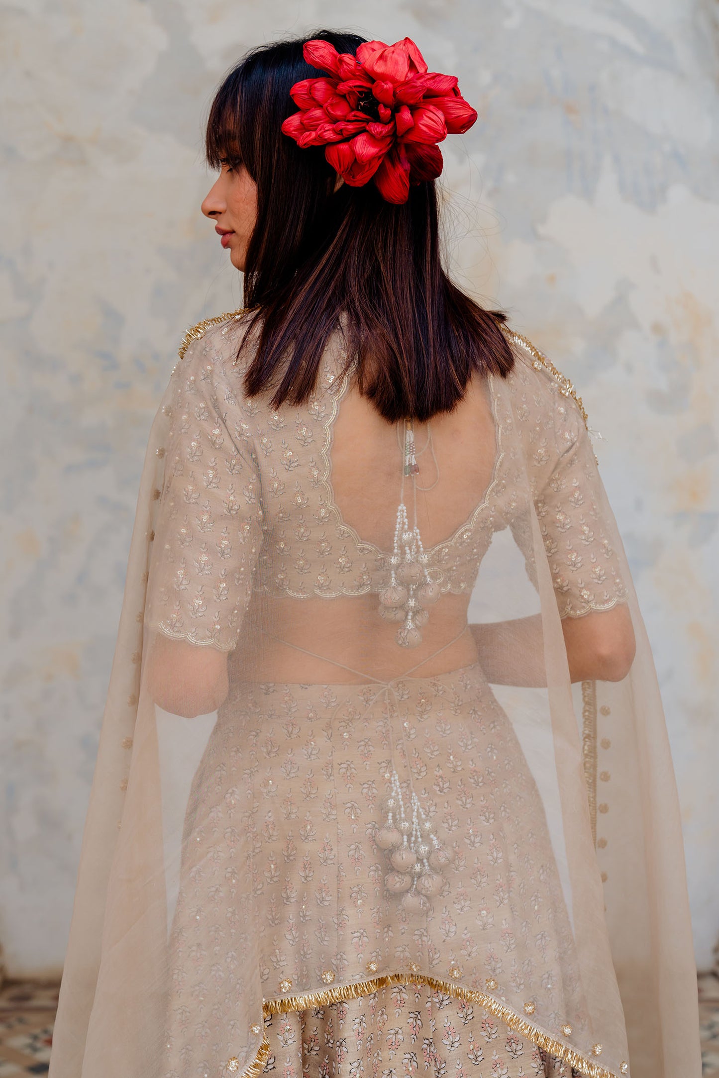 Warm Grey Printed And Embroidered Silk Lehenga Set