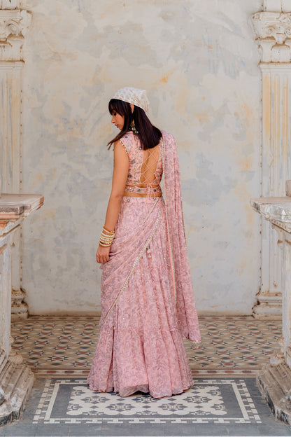 Powder Pink Georgette Tiered Skirt And Draped Dupatta Set