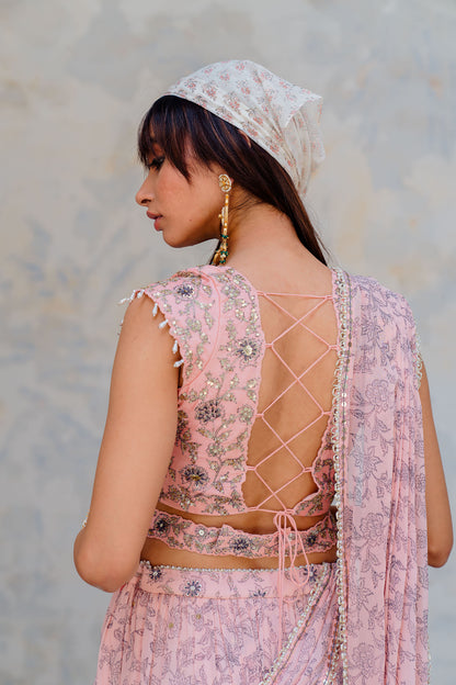 Powder Pink Georgette Tiered Skirt And Draped Dupatta Set