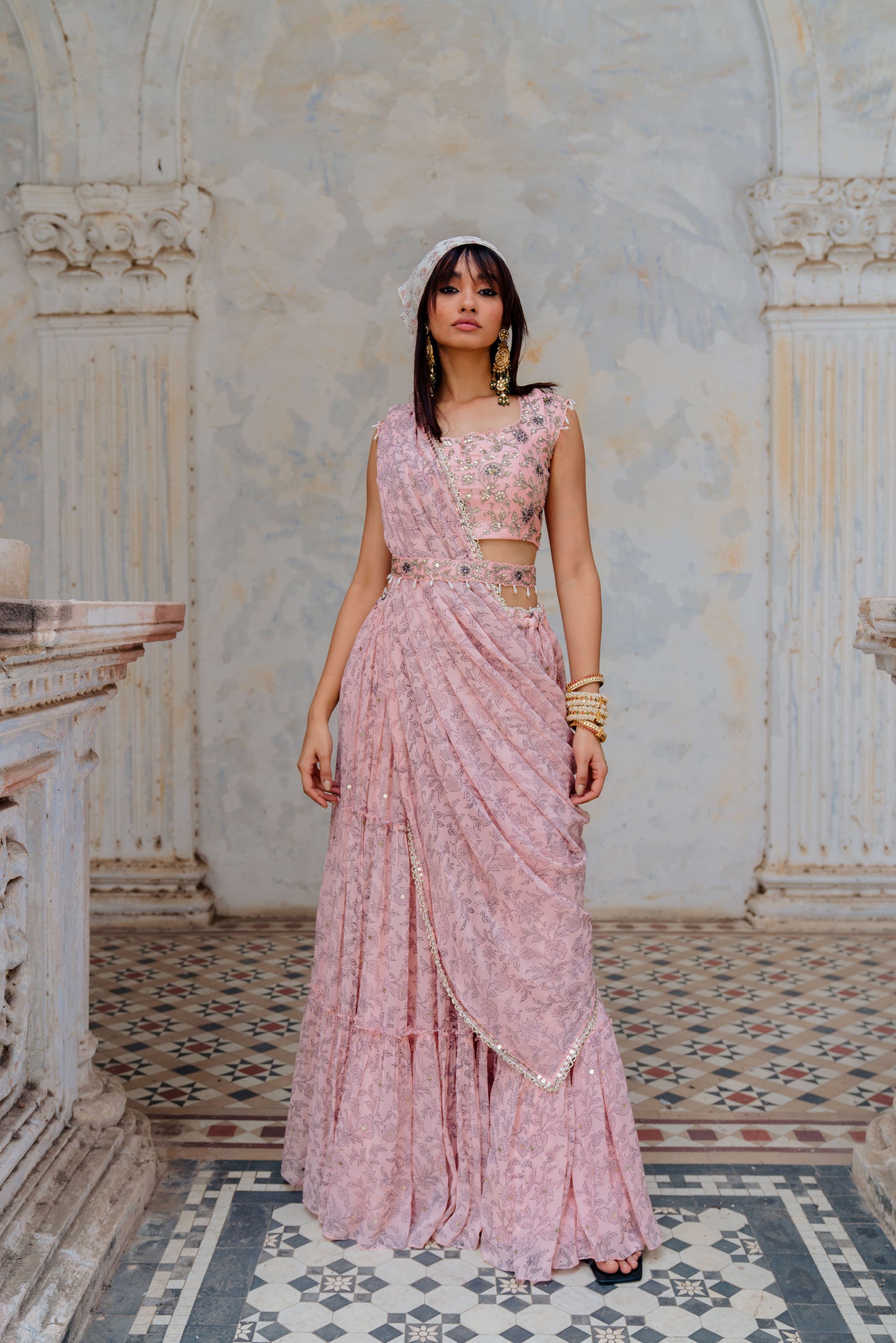 Powder Pink Georgette Tiered Skirt And Draped Dupatta Set