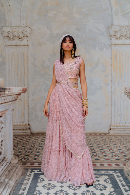 Powder Pink Georgette Tiered Skirt And Draped Dupatta Set