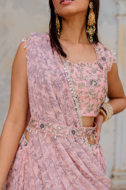 Powder Pink Georgette Tiered Skirt And Draped Dupatta Set