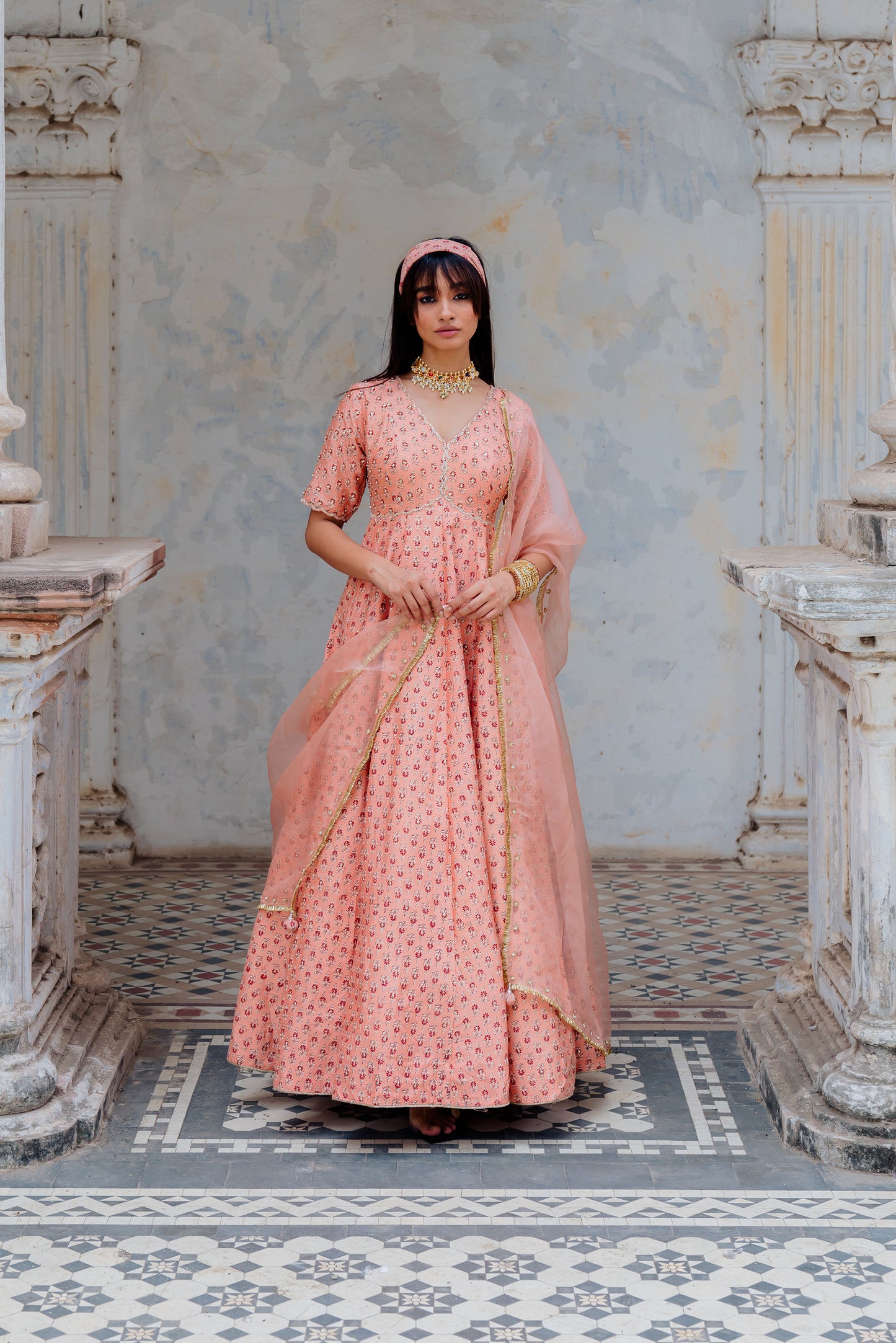 Blush Silk Printed And Embroidered Anarkali Set