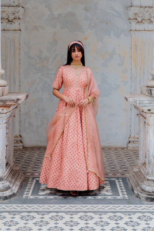 Blush Silk Printed And Embroidered Anarkali Set