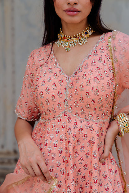 Blush Silk Printed And Embroidered Anarkali Set