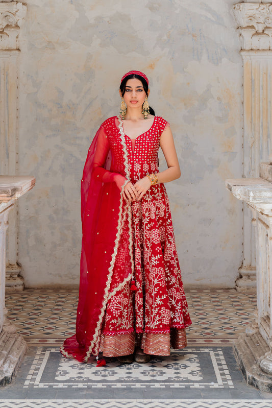 Cherry Red Georgette Floral Embroidered Anarkali Set