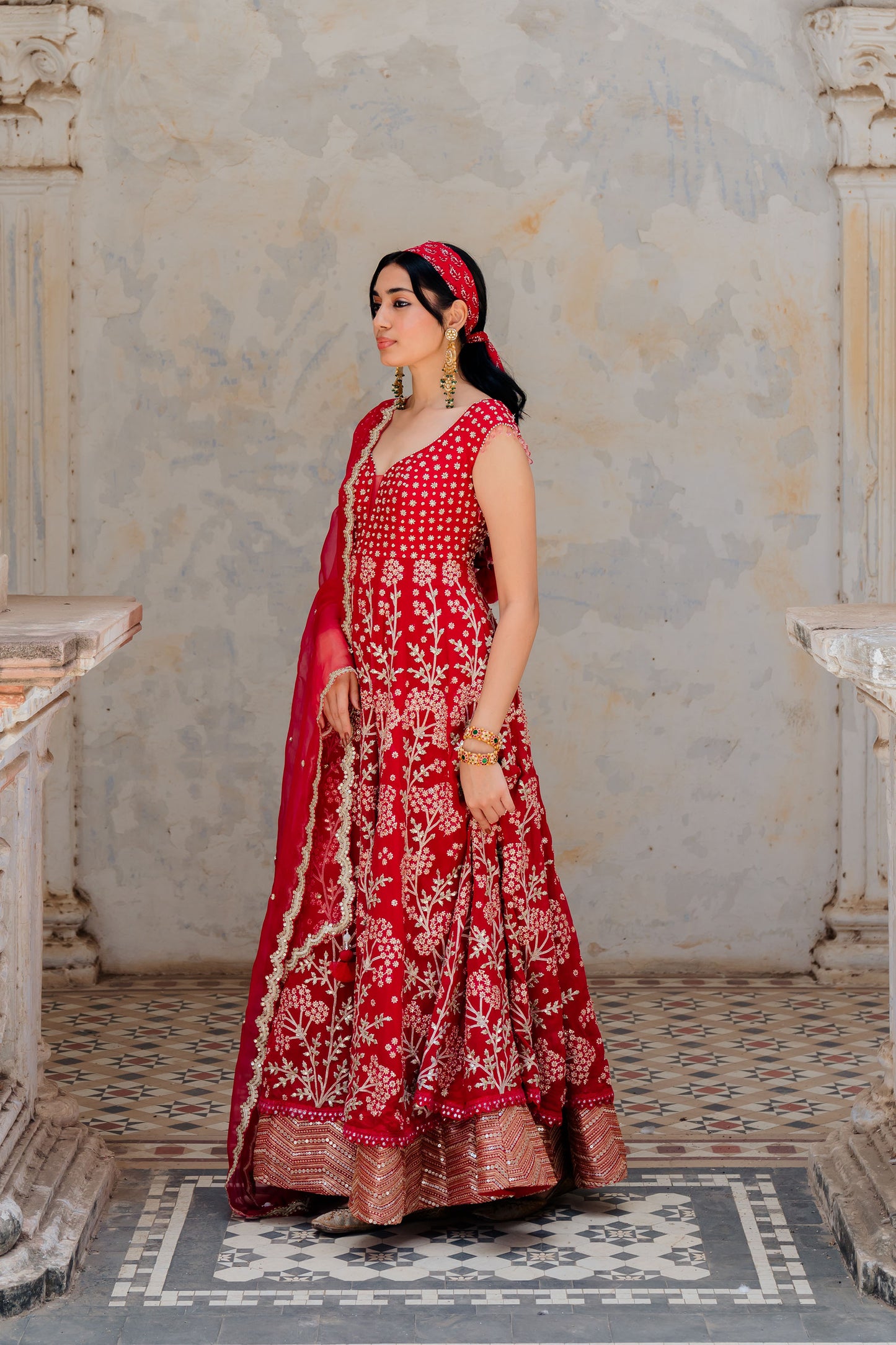 Cherry Red Georgette Floral Embroidered Anarkali Set