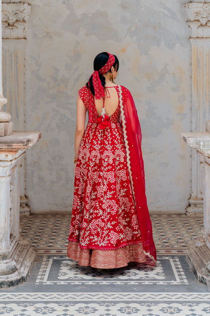 Cherry Red Georgette Floral Embroidered Anarkali Set