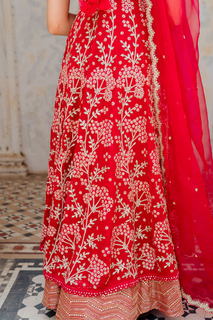 Cherry Red Georgette Floral Embroidered Anarkali Set