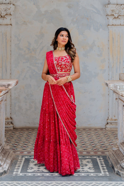 Cherry Red Georgette Tiered Skirt And Draped Dupatta Set