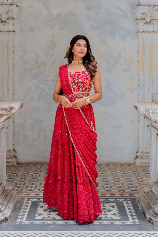 Cherry Red Georgette Tiered Skirt And Draped Dupatta Set