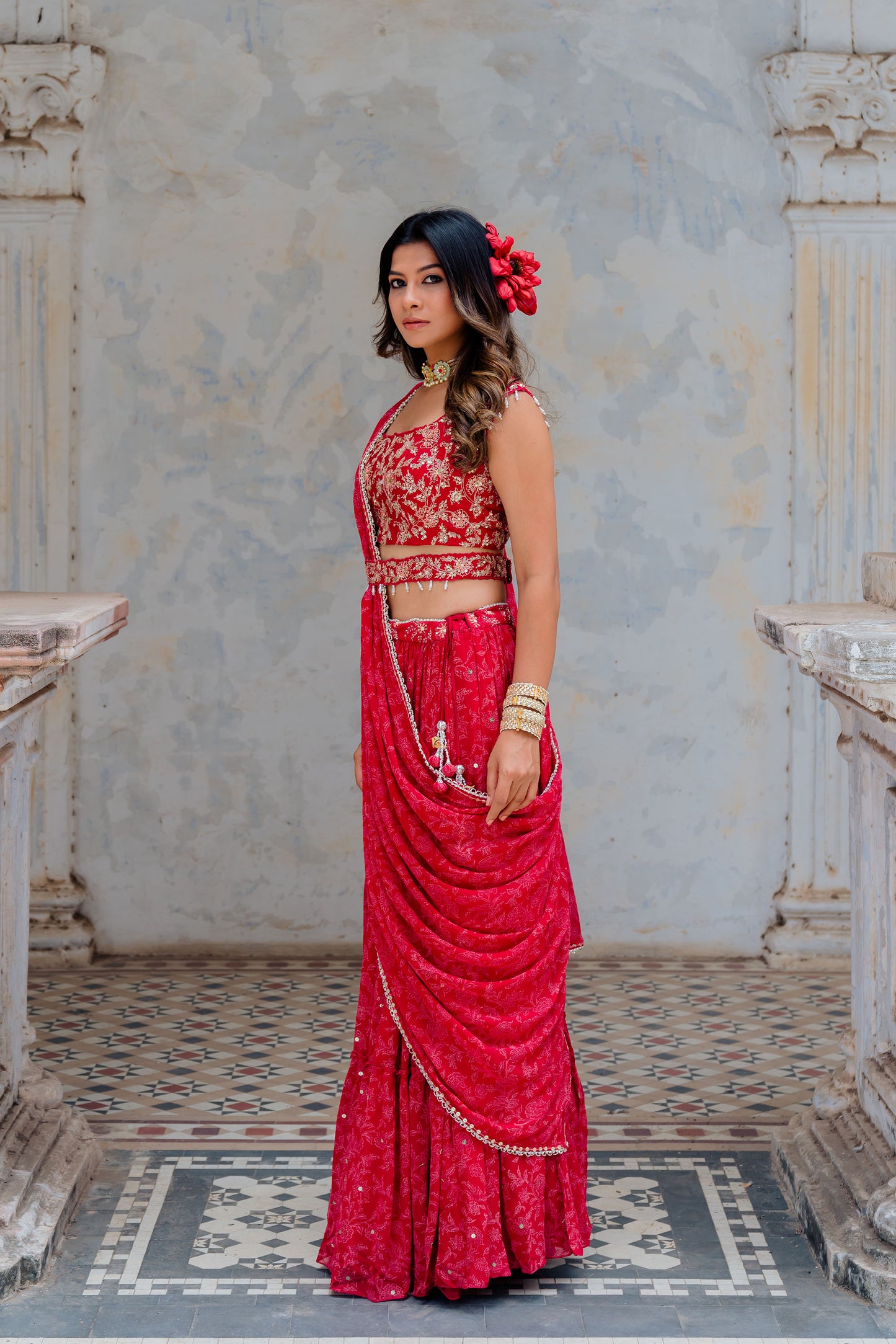 Cherry Red Georgette Tiered Skirt And Draped Dupatta Set