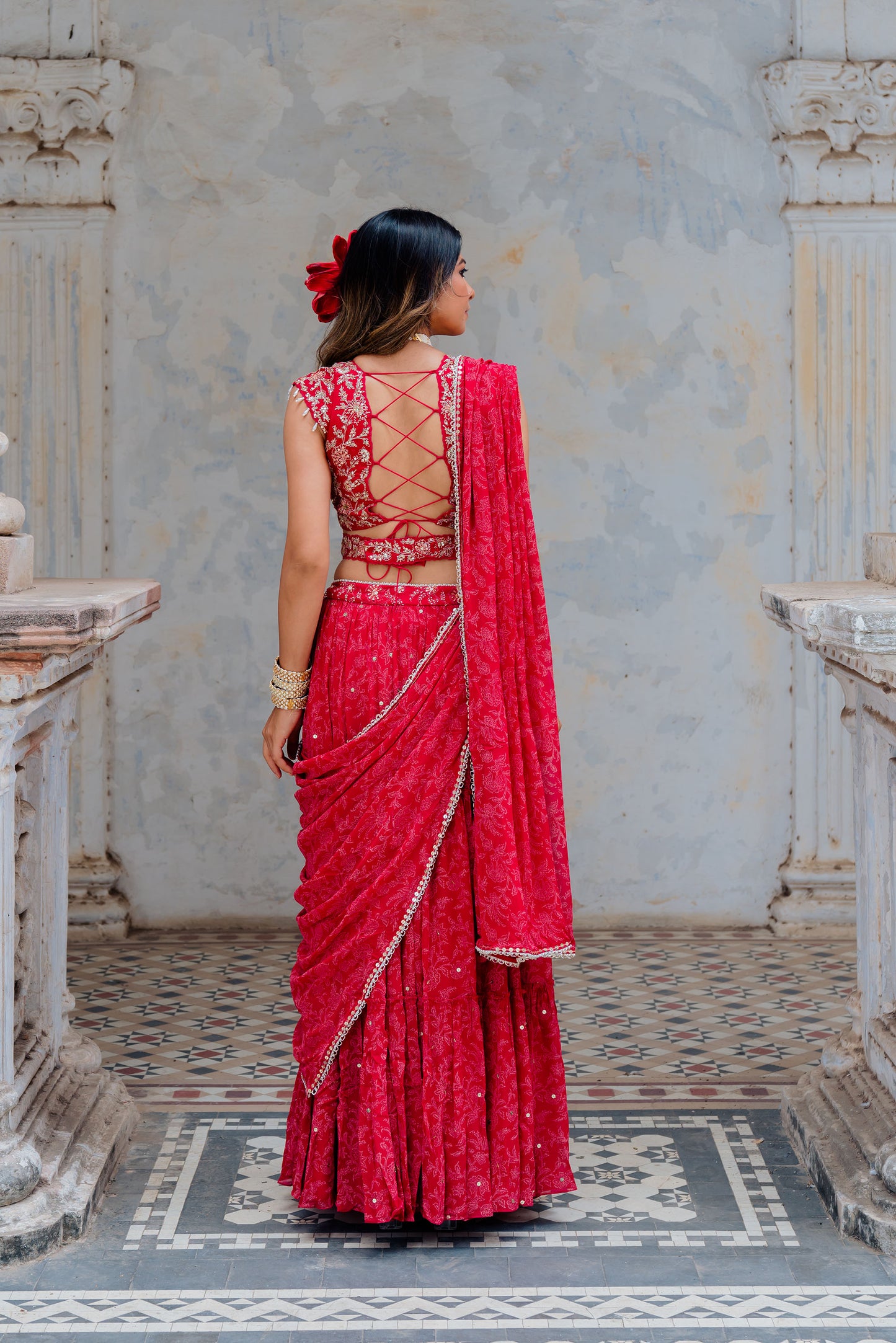 Cherry Red Georgette Tiered Skirt And Draped Dupatta Set