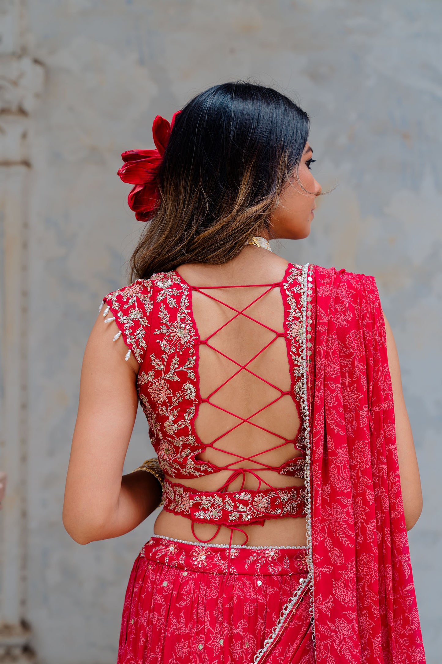 Cherry Red Georgette Tiered Skirt And Draped Dupatta Set