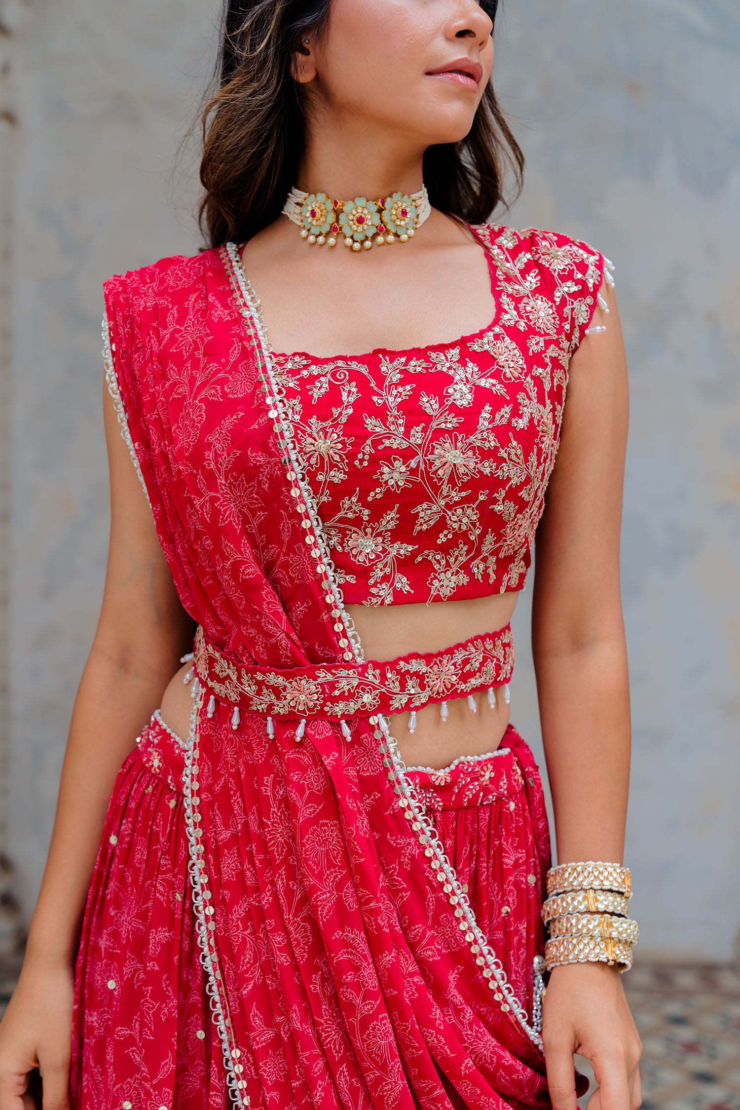Cherry Red Georgette Tiered Skirt And Draped Dupatta Set