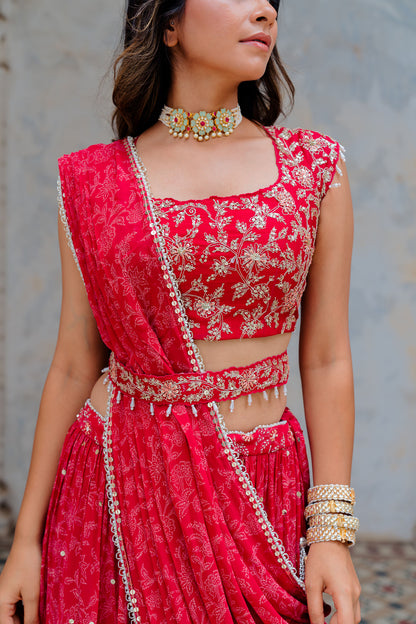 Cherry Red Georgette Tiered Skirt And Draped Dupatta Set