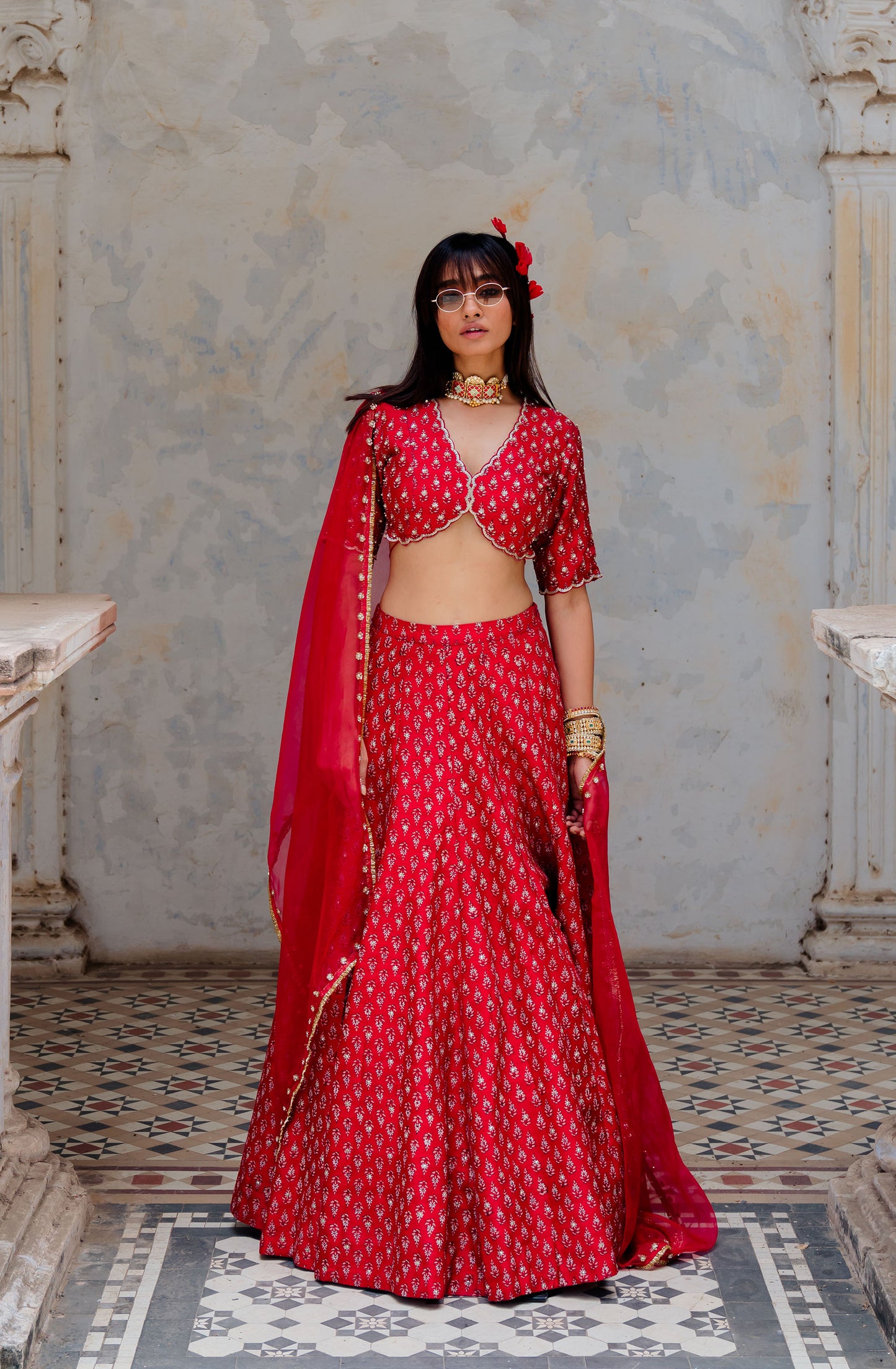 Cherry Red Printed And Embroidered Silk Lehenga Set