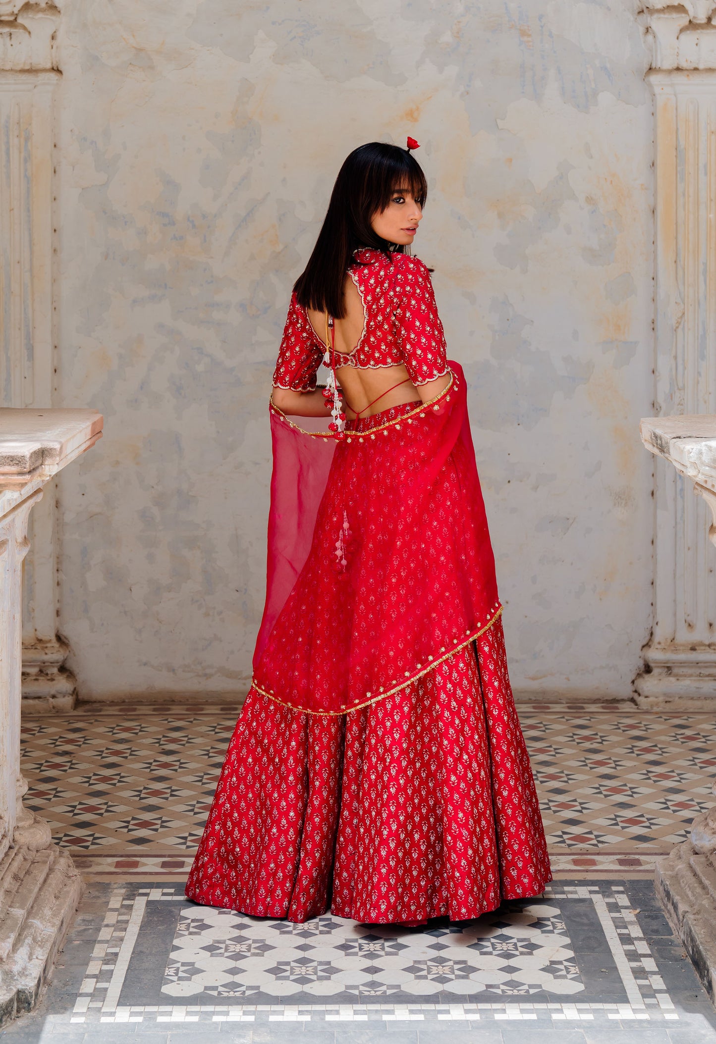 Cherry Red Printed And Embroidered Silk Lehenga Set