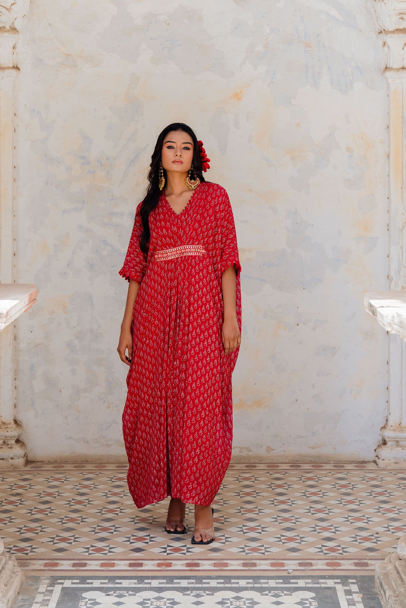 Cherry Red Georgette Floral Printed Kaftan