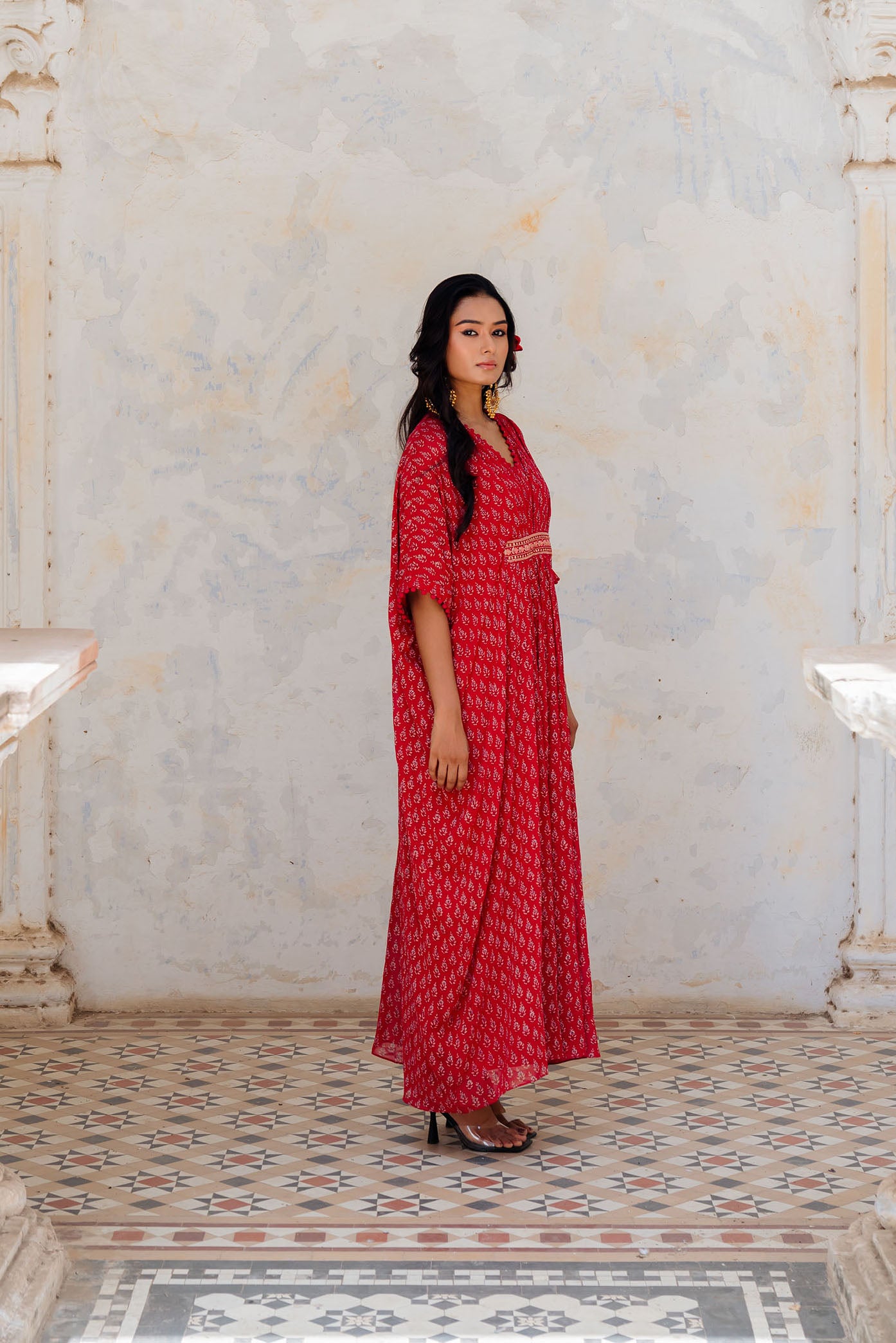 Cherry Red Georgette Floral Printed Kaftan