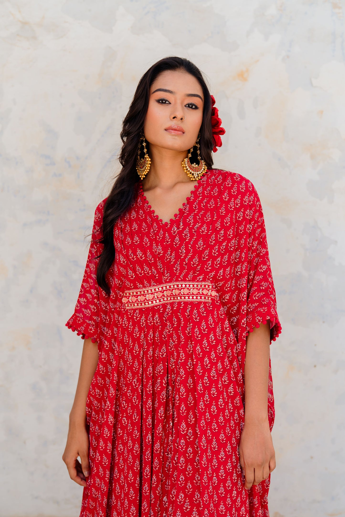 Cherry Red Georgette Floral Printed Kaftan