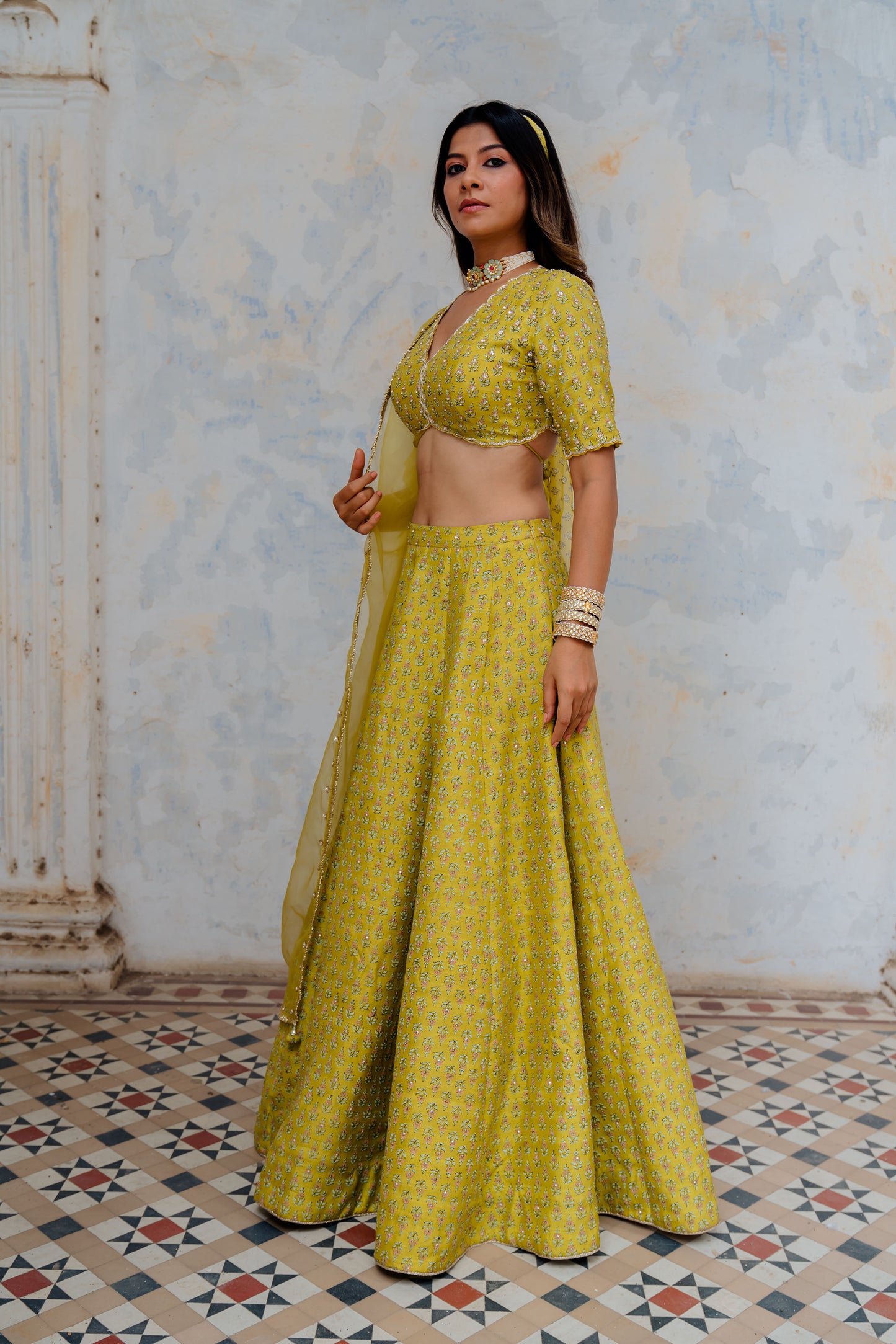 Moss Green Printed And Embroidered Silk Lehenga Set