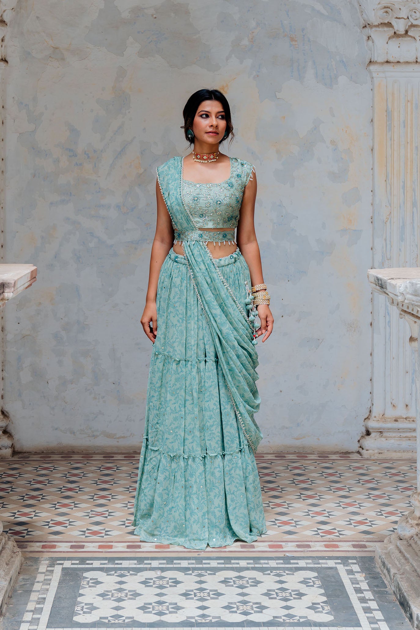 Aqua Georgette Tiered Skirt And Draped Dupatta Set