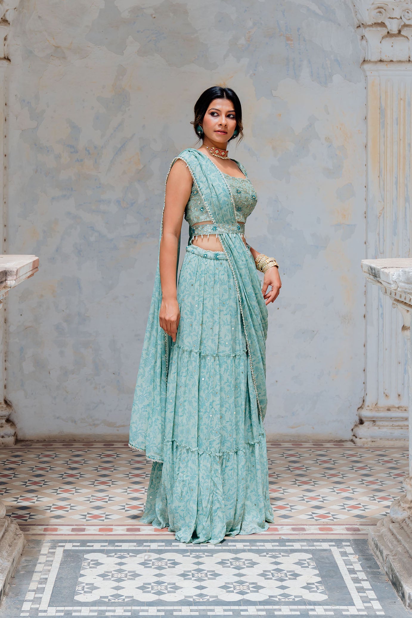 Aqua Georgette Tiered Skirt And Draped Dupatta Set