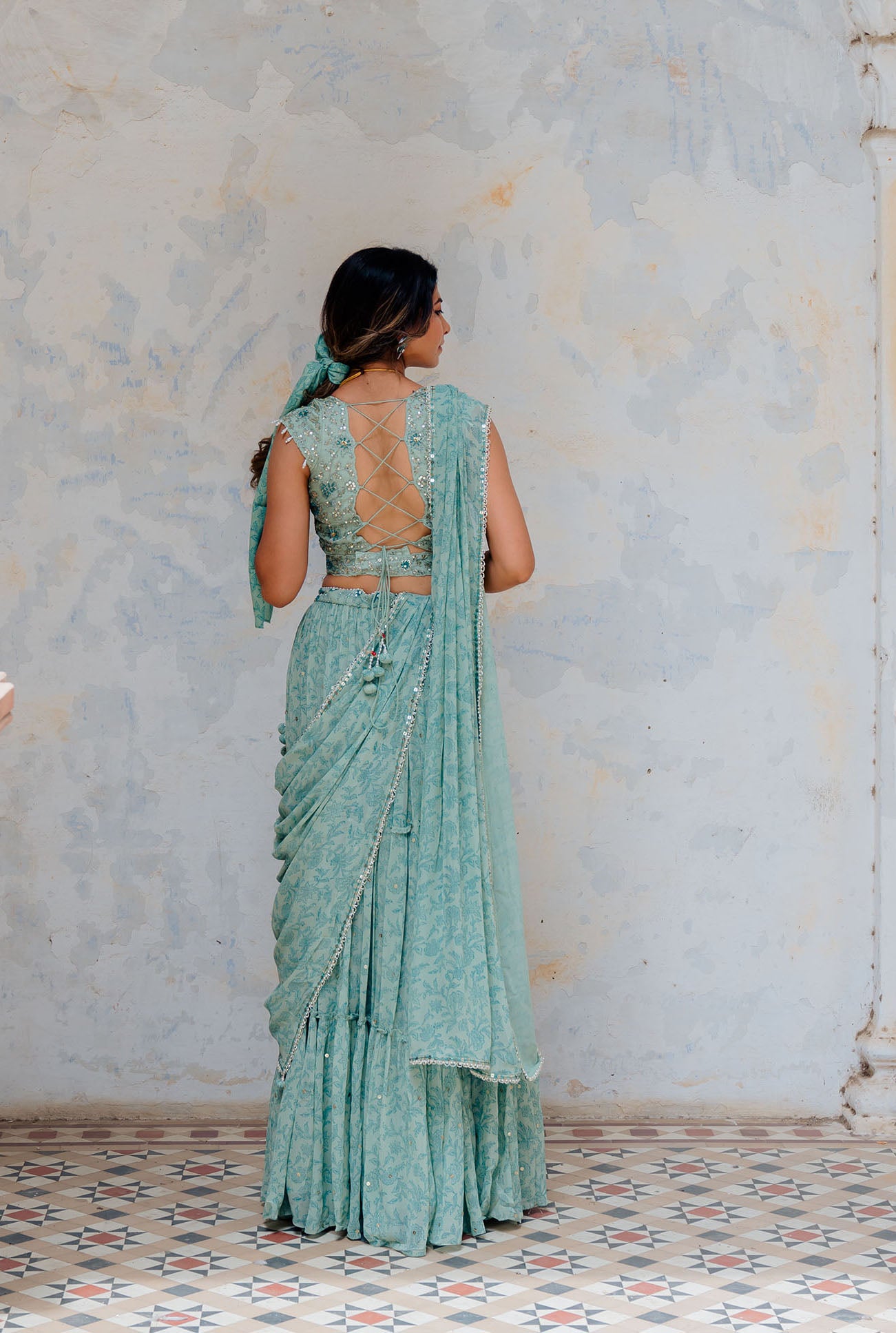 Aqua Georgette Tiered Skirt And Draped Dupatta Set