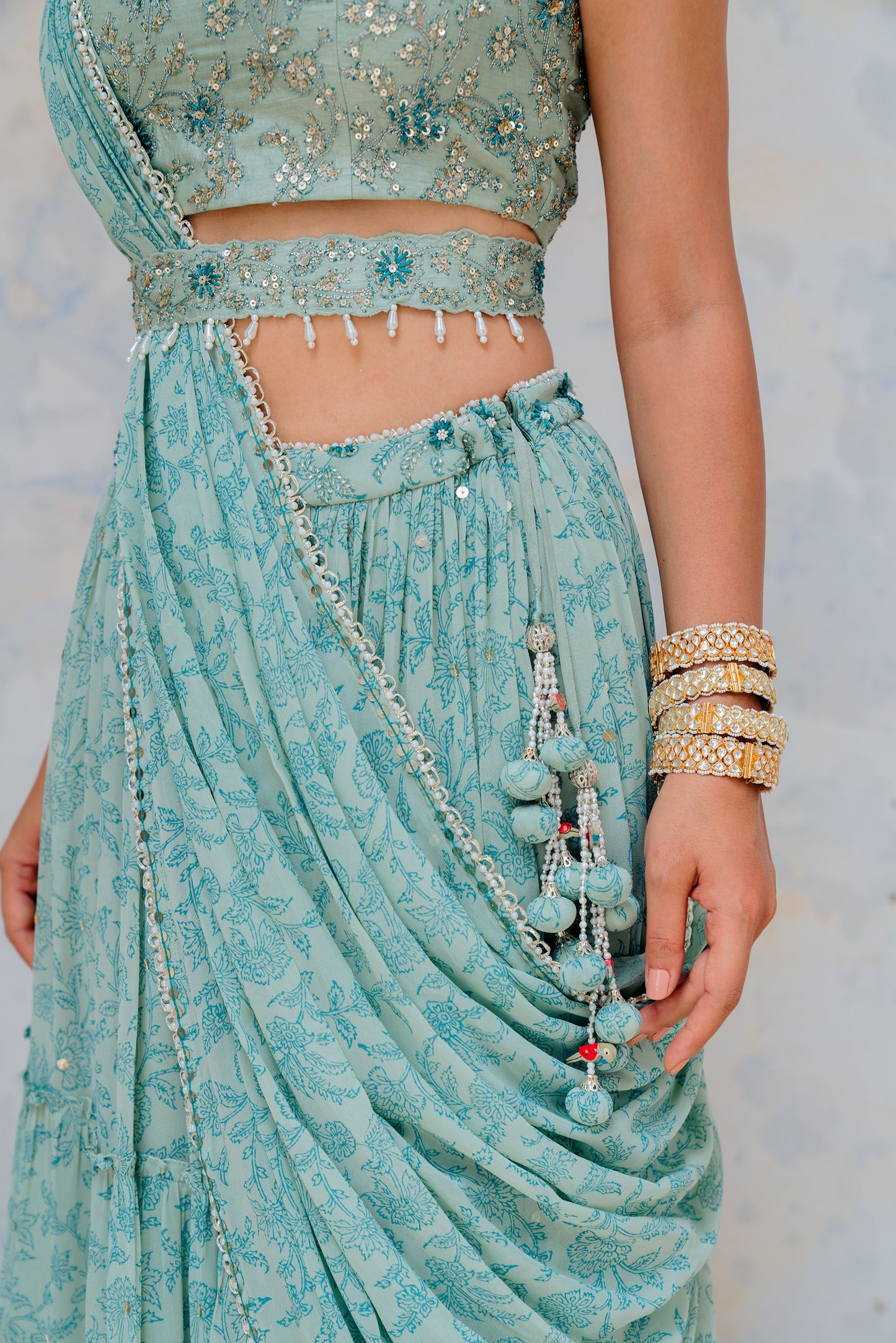 Aqua Georgette Tiered Skirt And Draped Dupatta Set