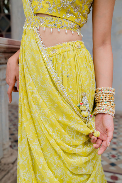 Moss Green Georgette Tiered Skirt And Draped Dupatta Set