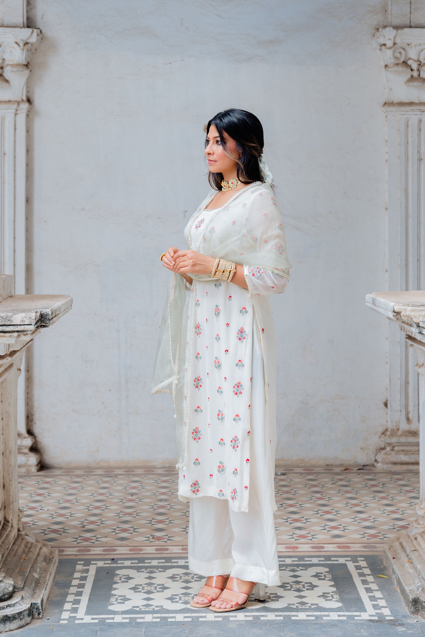 Ivory Georgette Floral Embroidered Straight Kurta Set