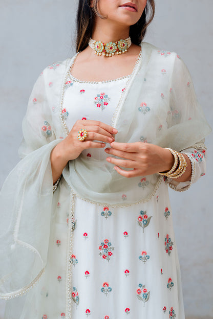 Ivory Georgette Floral Embroidered Straight Kurta Set