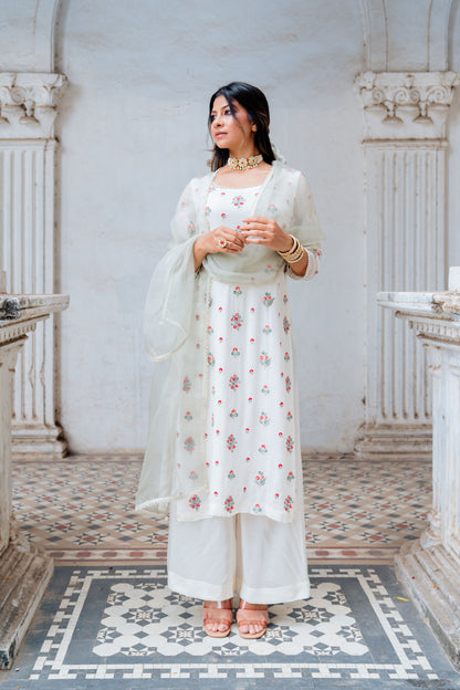 Ivory Georgette Floral Embroidered Straight Kurta Set