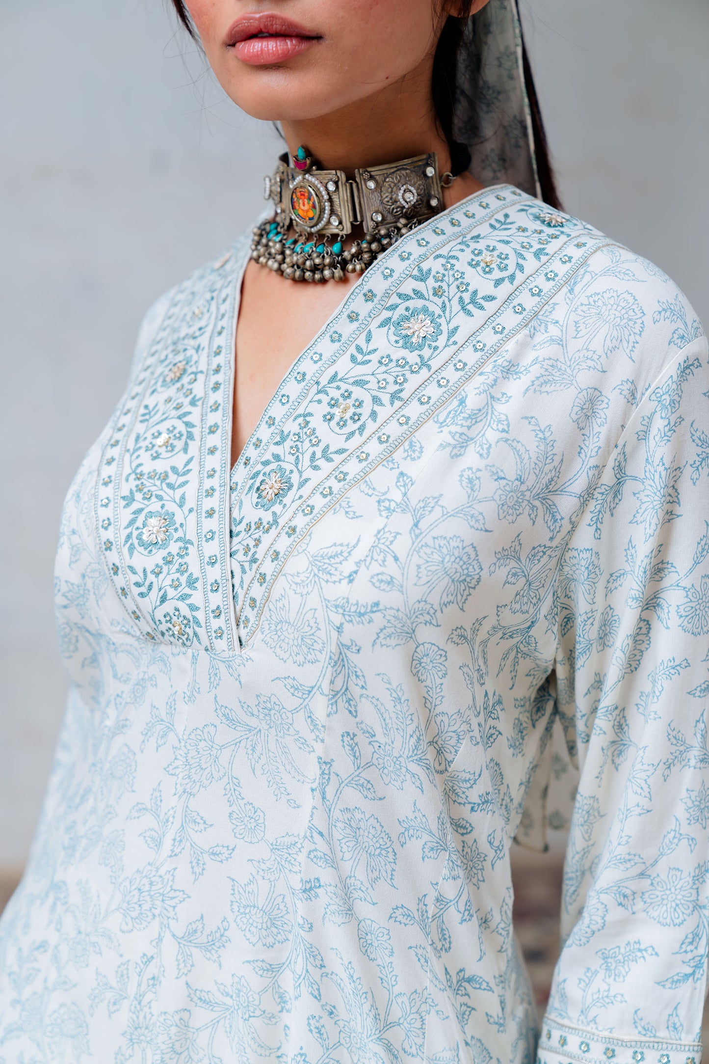 Ivory Printed And Embroidered Flared Tunic Set