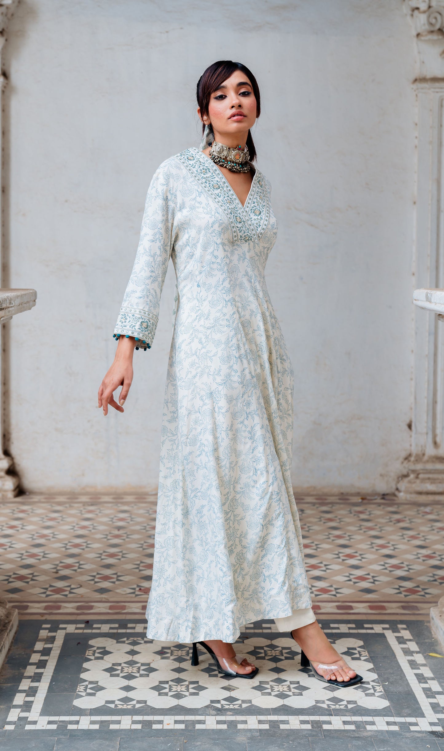 Ivory Printed And Embroidered Flared Tunic Set