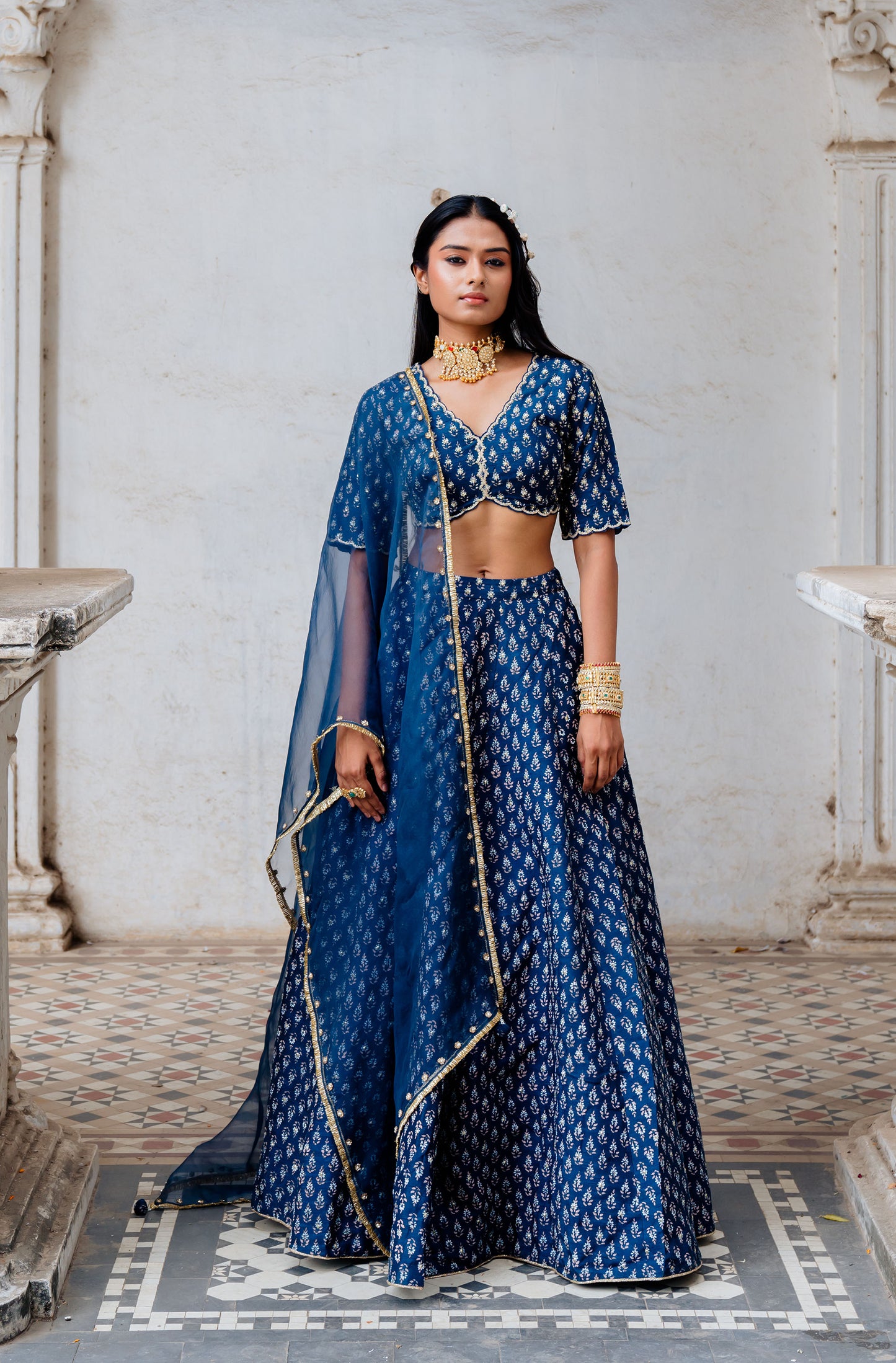 Indigo Printed And Embroidered Silk Lehenga Set