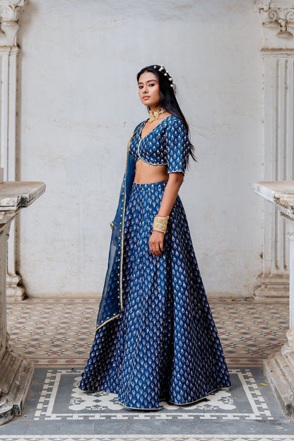 Indigo Printed And Embroidered Silk Lehenga Set