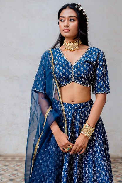 Indigo Printed And Embroidered Silk Lehenga Set