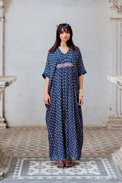 Indigo Georgette Floral Printed Kaftan