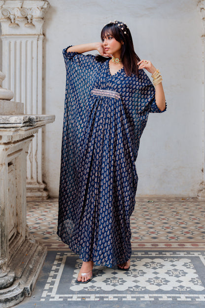 Indigo Georgette Floral Printed Kaftan