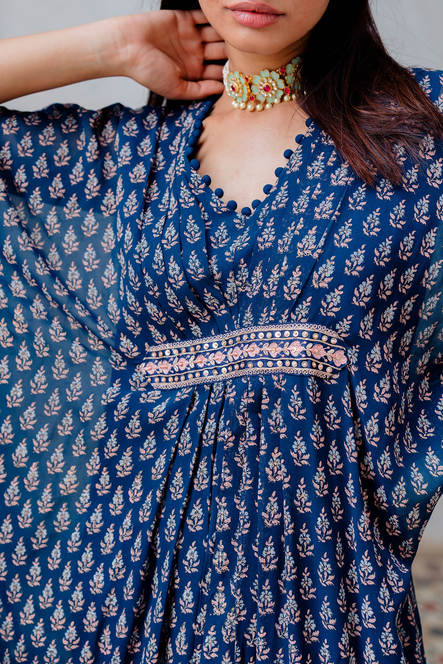 Indigo Georgette Floral Printed Kaftan