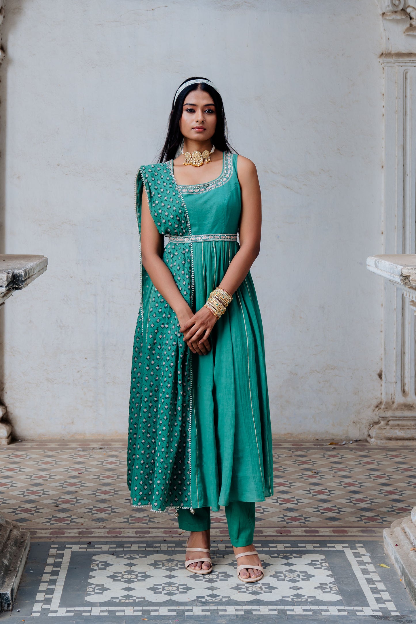 Green Cotton Mulmul Flared Anarkali Set