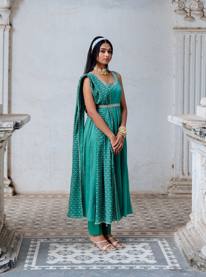 Green Cotton Mulmul Flared Anarkali Set