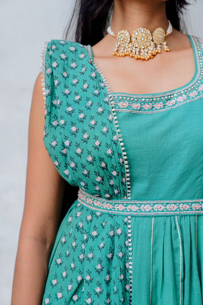 Green Cotton Mulmul Flared Anarkali Set