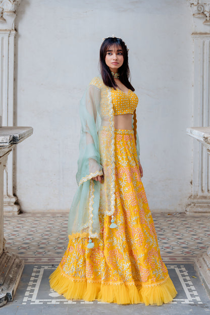 Mustard Embroidered Satin Organza Lehenga Set