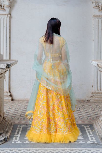 Mustard Embroidered Satin Organza Lehenga Set