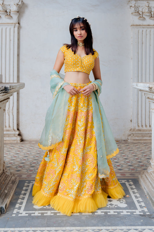 Mustard Embroidered Satin Organza Lehenga Set