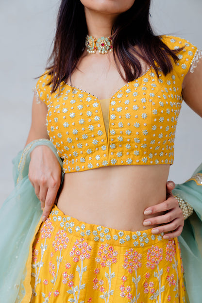 Mustard Embroidered Satin Organza Lehenga Set